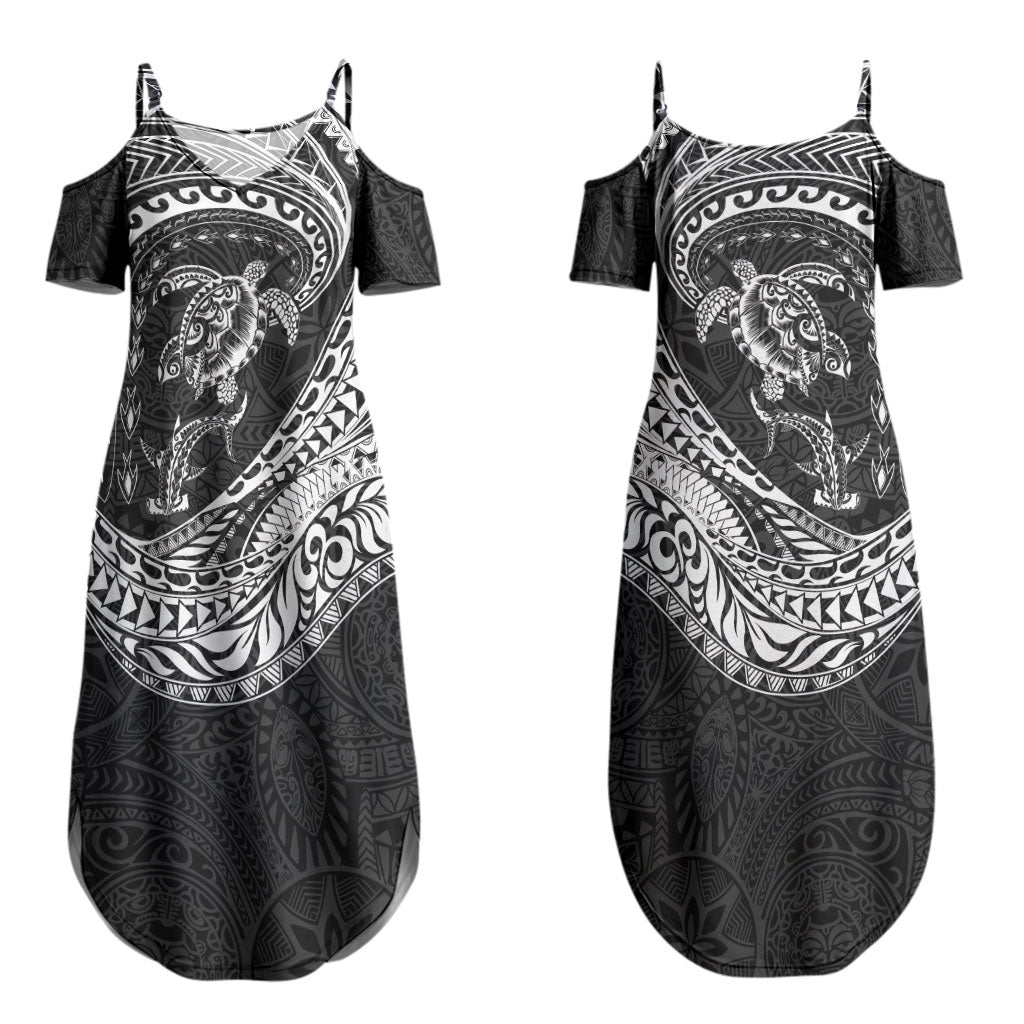 Hawaiian Turtle and Shark Couples Matching Summer Maxi Dress and Hawaiian Shirt Kakau Tribal with Polynesian Pattern Black Color LT03 - Polynesian Pride
