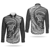 Hawaiian Turtle and Shark Couples Matching Summer Maxi Dress and Long Sleeve Button Shirt Kakau Tribal with Polynesian Pattern Black Color LT03 - Polynesian Pride