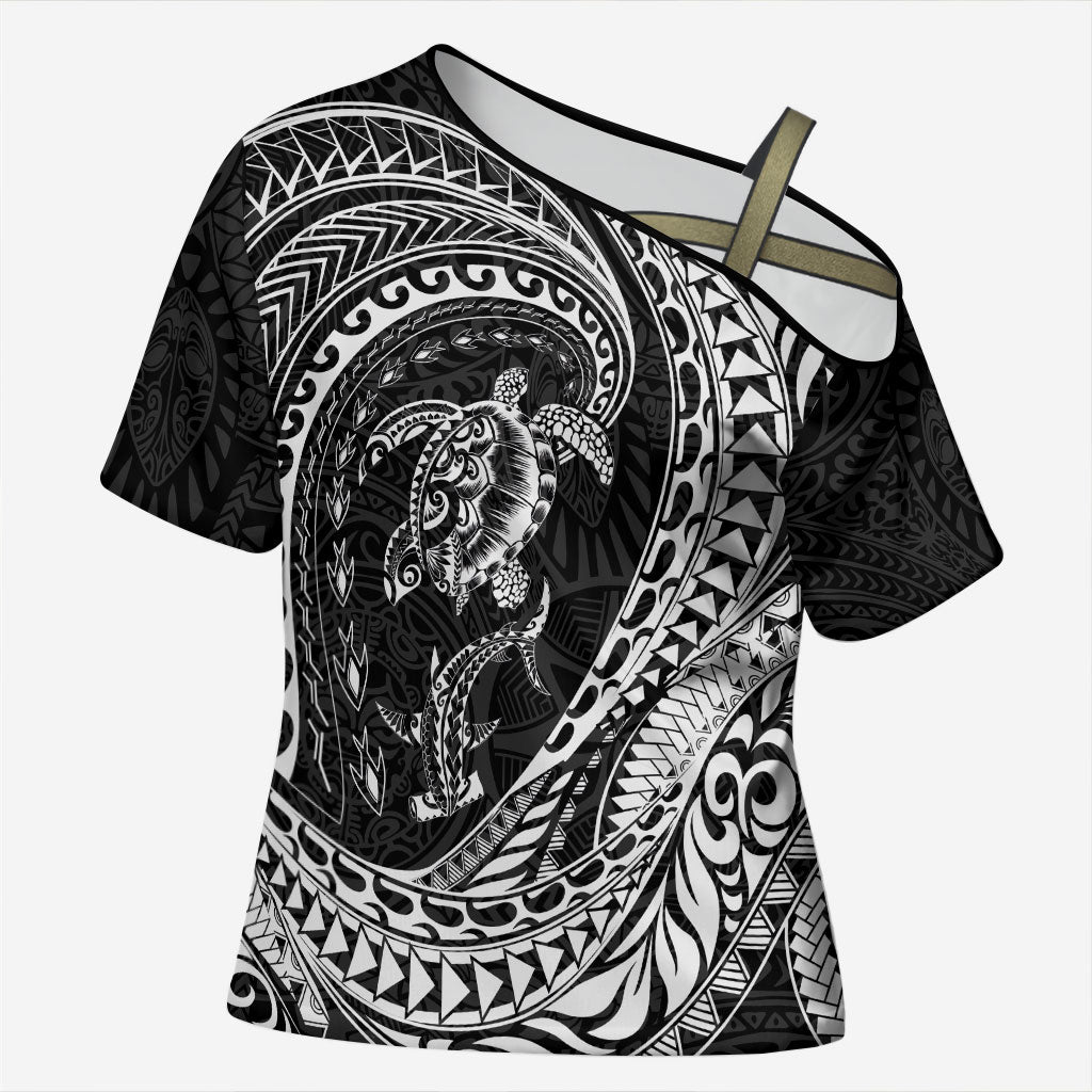 Hawaiian Turtle and Shark Cross Shoulder Shirt Kakau Tribal with Polynesian Pattern Black Color LT03 Female Black - Polynesian Pride
