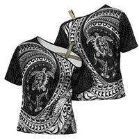 Hawaiian Turtle and Shark Cross Shoulder Shirt Kakau Tribal with Polynesian Pattern Black Color LT03 - Polynesian Pride