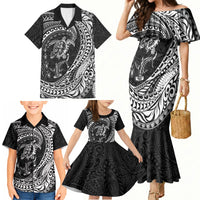 Hawaiian Turtle and Shark Family Matching Mermaid Dress and Hawaiian Shirt Kakau Tribal with Polynesian Pattern Black Color LT03 - Polynesian Pride