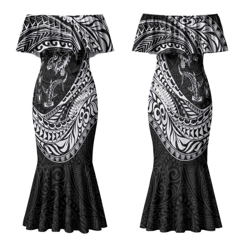 Hawaiian Turtle and Shark Family Matching Mermaid Dress and Hawaiian Shirt Kakau Tribal with Polynesian Pattern Black Color LT03 Mom's Dress Black - Polynesian Pride
