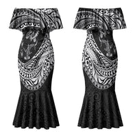 Hawaiian Turtle and Shark Family Matching Mermaid Dress and Hawaiian Shirt Kakau Tribal with Polynesian Pattern Black Color LT03 Mom's Dress Black - Polynesian Pride