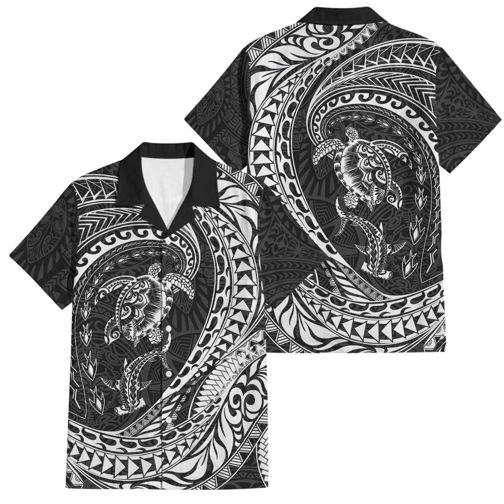 Hawaiian Turtle and Shark Family Matching Mermaid Dress and Hawaiian Shirt Kakau Tribal with Polynesian Pattern Black Color LT03 Dad's Shirt - Short Sleeve Black - Polynesian Pride