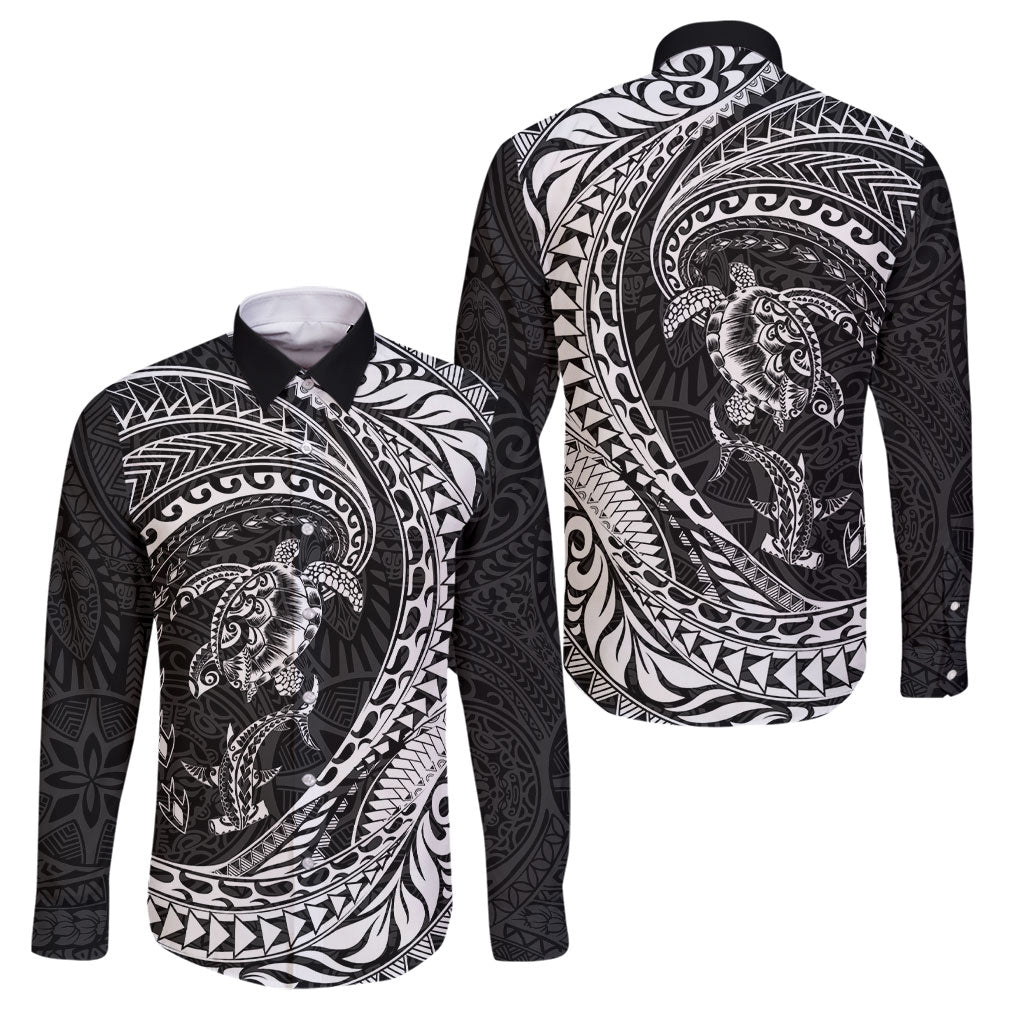 Hawaiian Turtle and Shark Family Matching Mermaid Dress and Hawaiian Shirt Kakau Tribal with Polynesian Pattern Black Color LT03 Dad's Shirt - Long Sleeve Black - Polynesian Pride