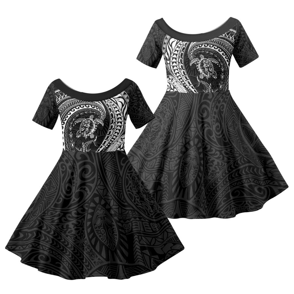 Hawaiian Turtle and Shark Family Matching Mermaid Dress and Hawaiian Shirt Kakau Tribal with Polynesian Pattern Black Color LT03 Daughter's Dress Black - Polynesian Pride