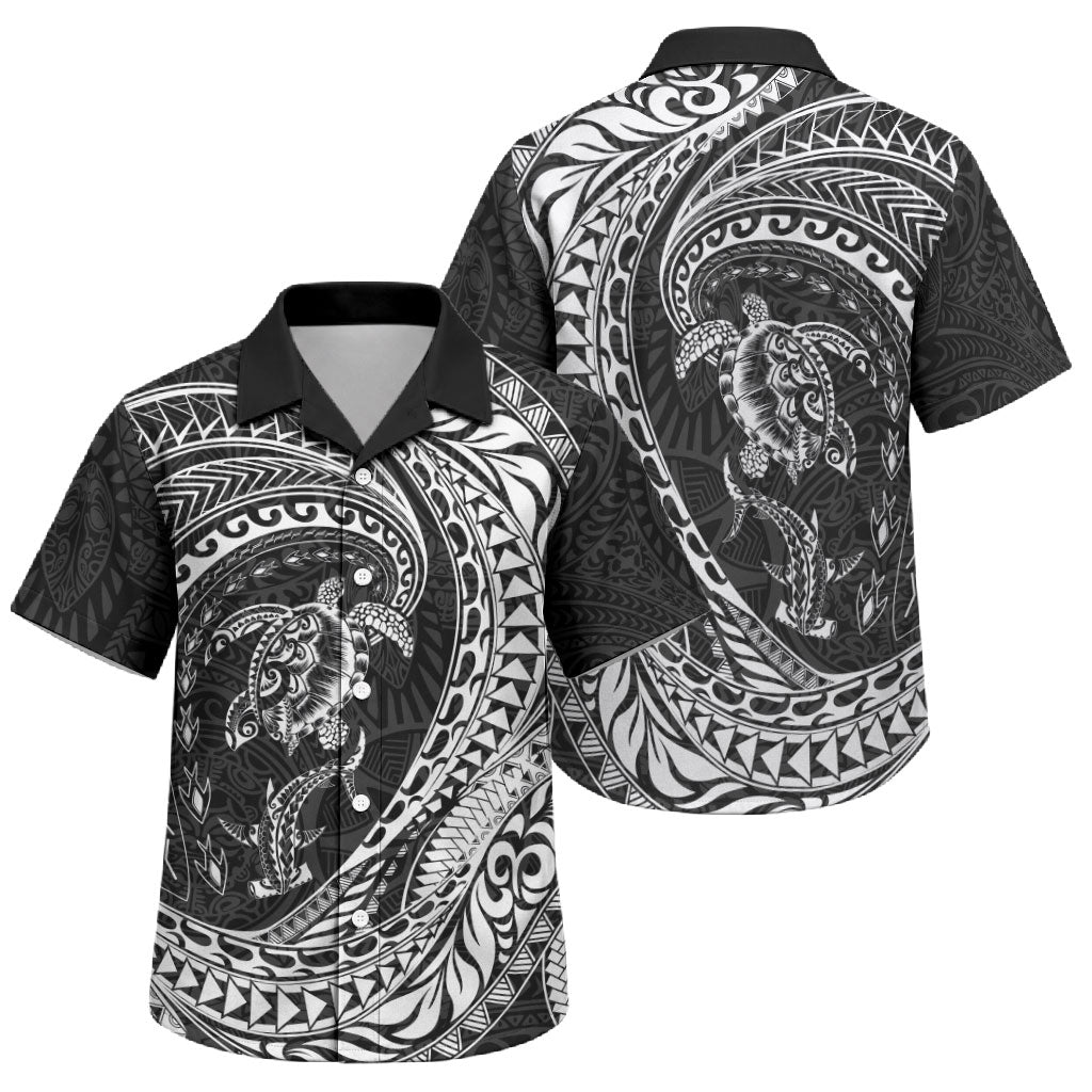 Hawaiian Turtle and Shark Family Matching Mermaid Dress and Hawaiian Shirt Kakau Tribal with Polynesian Pattern Black Color LT03 Son's Shirt Black - Polynesian Pride