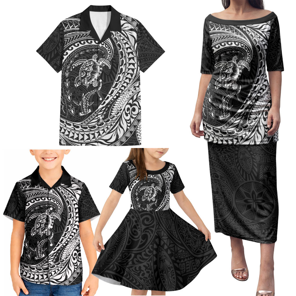 Hawaiian Turtle and Shark Family Matching Puletasi and Hawaiian Shirt Kakau Tribal with Polynesian Pattern Black Color LT03 - Polynesian Pride