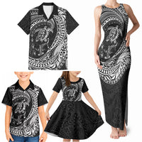 Hawaiian Turtle and Shark Family Matching Tank Maxi Dress and Hawaiian Shirt Kakau Tribal with Polynesian Pattern Black Color LT03 - Polynesian Pride
