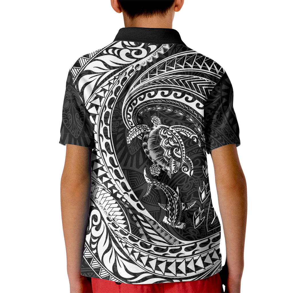 Hawaiian Turtle and Shark Kid Polo Shirt Kakau Tribal with Polynesian Pattern Black Color LT03 - Polynesian Pride
