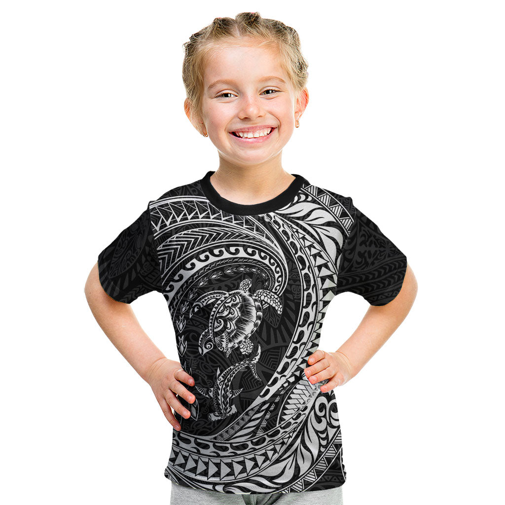 Hawaiian Turtle and Shark Kid T Shirt Kakau Tribal with Polynesian Pattern Black Color LT03 Black - Polynesian Pride