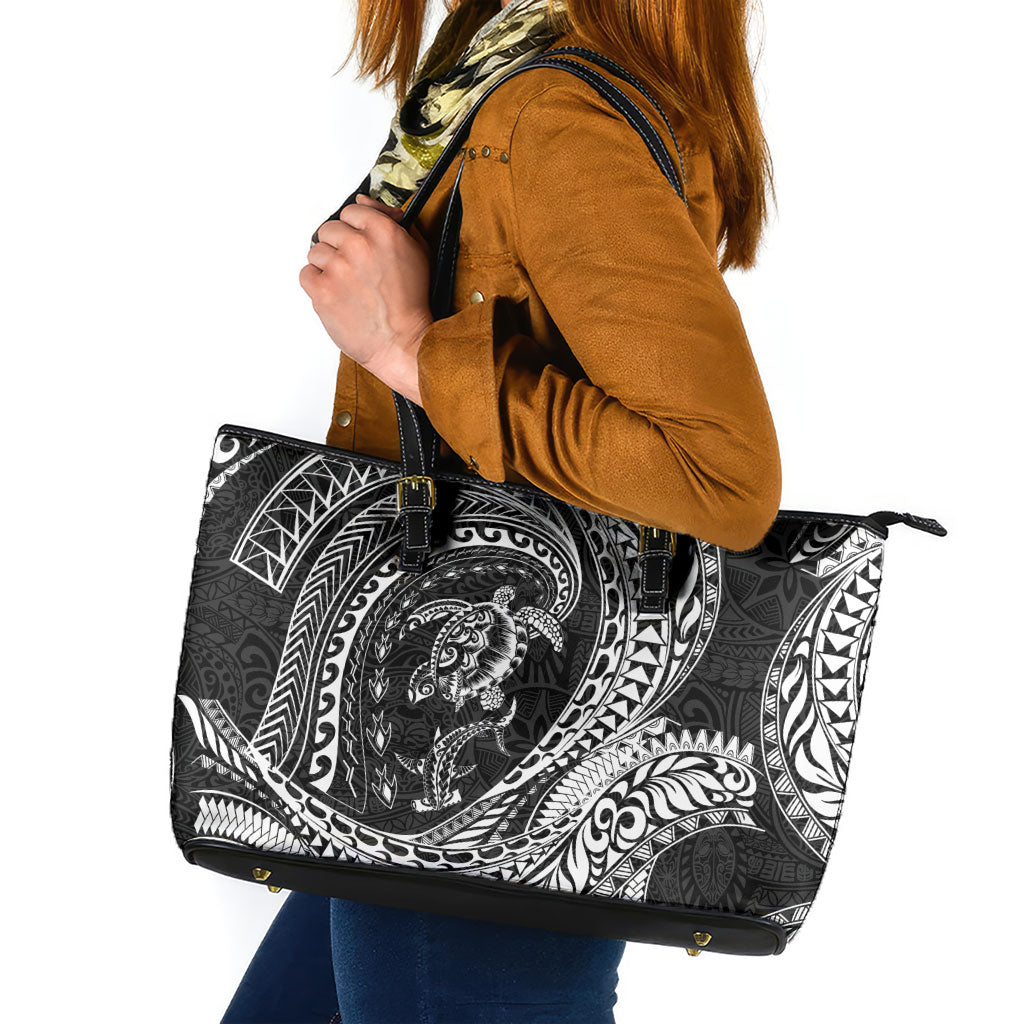 Hawaiian Turtle and Shark Leather Tote Bag Kakau Tribal with Polynesian Pattern Black Color LT03 Black - Polynesian Pride