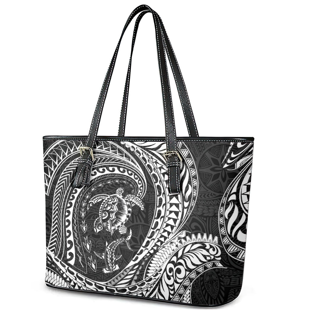 Hawaiian Turtle and Shark Leather Tote Bag Kakau Tribal with Polynesian Pattern Black Color LT03 - Polynesian Pride