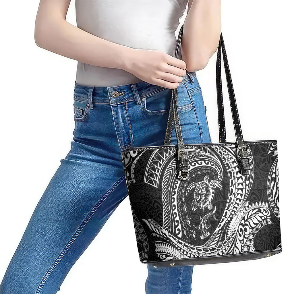 Hawaiian Turtle and Shark Leather Tote Bag Kakau Tribal with Polynesian Pattern Black Color LT03 - Polynesian Pride