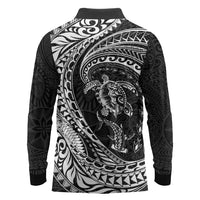 Hawaiian Turtle and Shark Long Sleeve Polo Shirt Kakau Tribal with Polynesian Pattern Black Color LT03 - Polynesian Pride