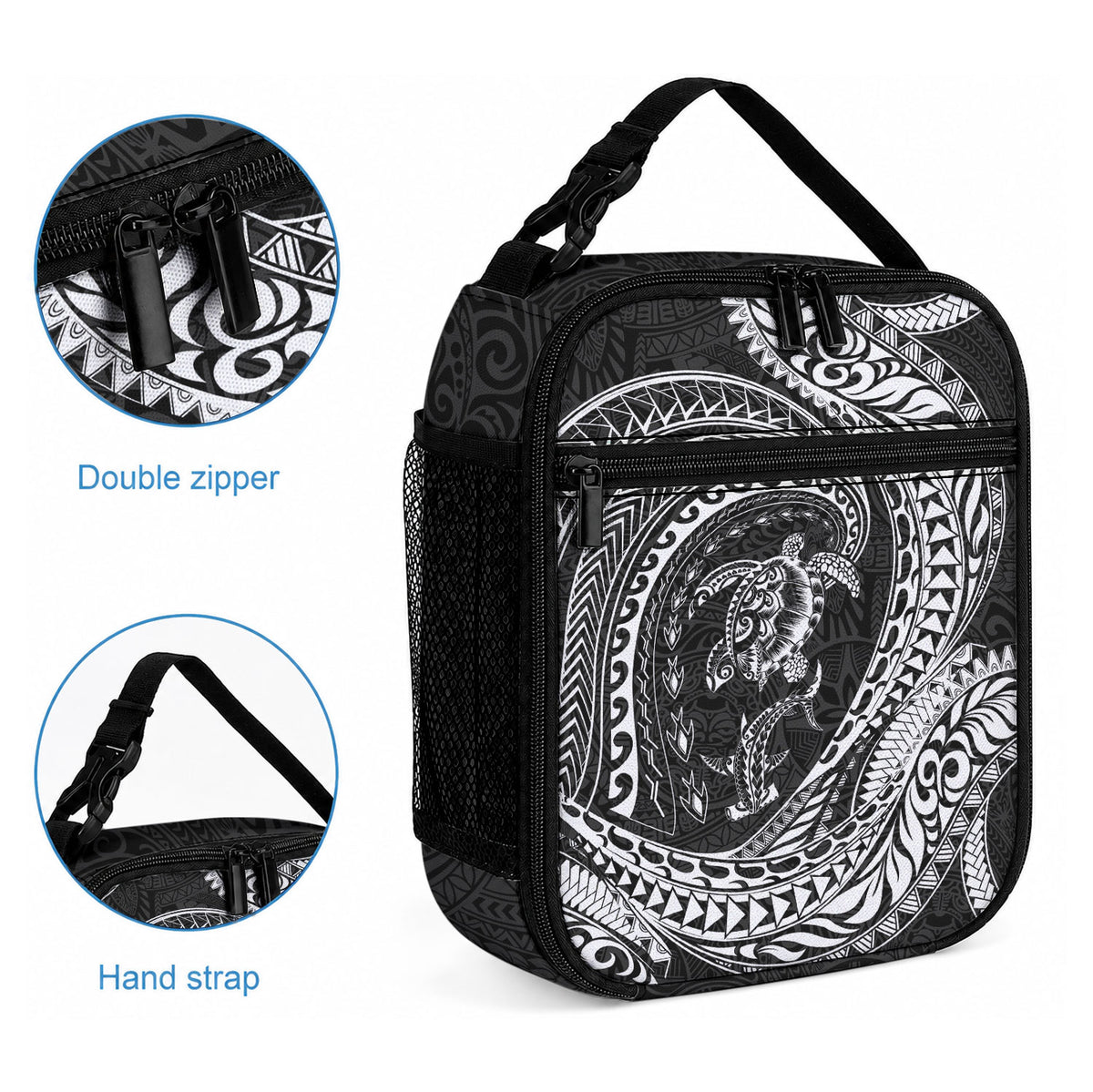 Hawaiian Turtle and Shark Lunch Bag Kakau Tribal with Polynesian Pattern Black Color