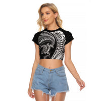 Hawaiian Turtle and Shark Raglan Cropped T Shirt Kakau Tribal with Polynesian Pattern Black Color LT03 Female Black - Polynesian Pride