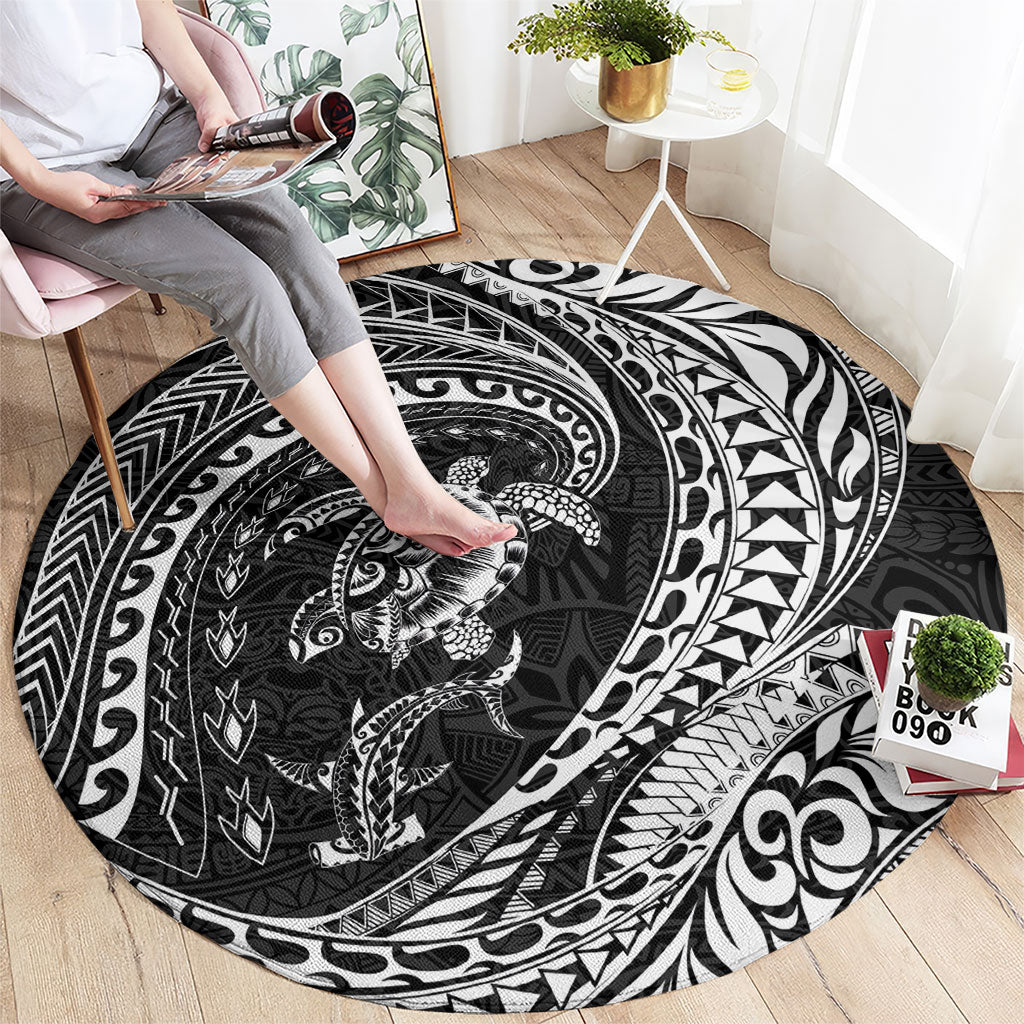 Hawaiian Turtle and Shark Round Carpet Kakau Tribal with Polynesian Pattern Black Color LT03 - Polynesian Pride