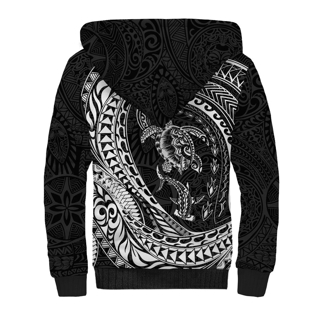 Hawaiian Turtle and Shark Sherpa Hoodie Kakau Tribal with Polynesian Pattern Black Color LT03 - Polynesian Pride