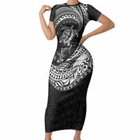 Hawaiian Turtle and Shark Short Sleeve Bodycon Dress Kakau Tribal with Polynesian Pattern Black Color LT03 Long Dress Black - Polynesian Pride
