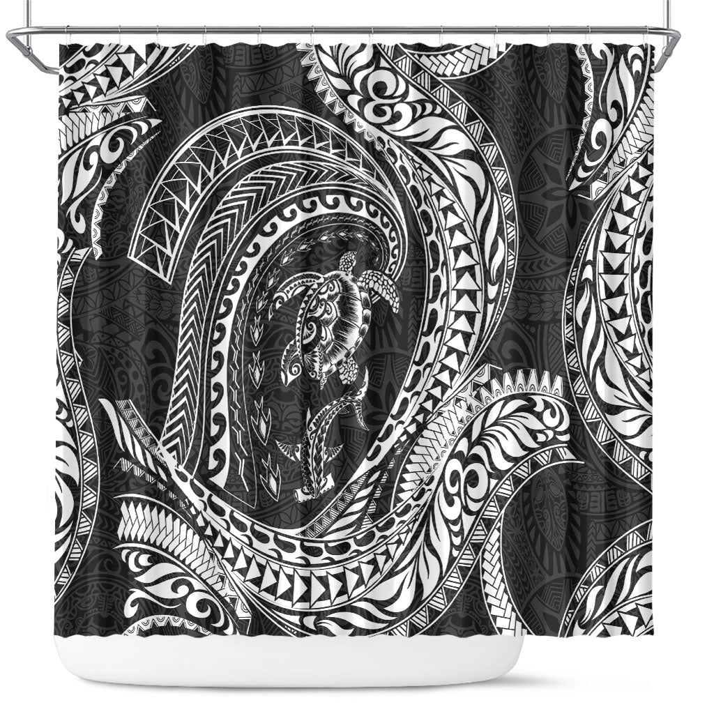 Hawaiian Turtle and Shark Shower Curtain Kakau Tribal with Polynesian Pattern Black Color LT03 Black - Polynesian Pride