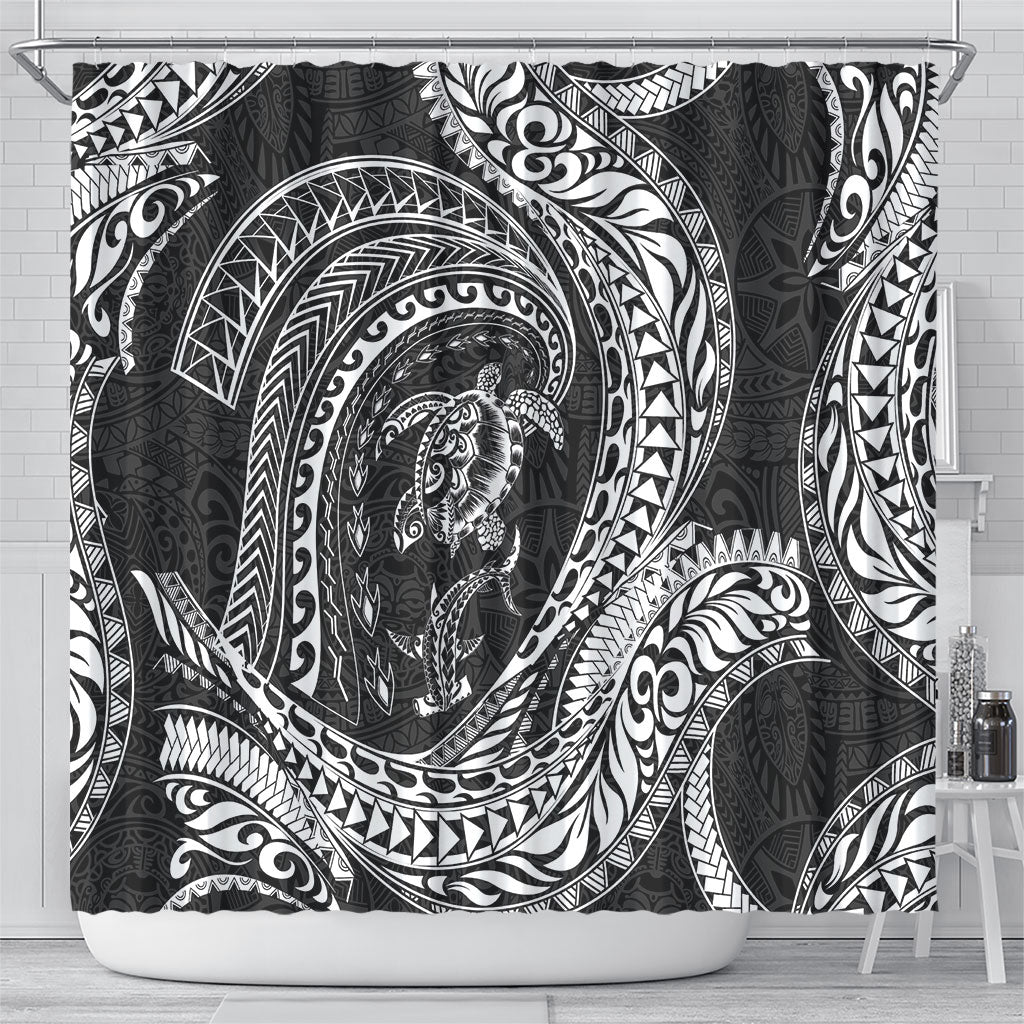 Hawaiian Turtle and Shark Shower Curtain Kakau Tribal with Polynesian Pattern Black Color LT03 - Polynesian Pride