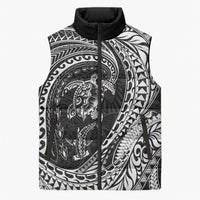 Hawaiian Turtle and Shark Sleeveless Puffer Jacket Kakau Tribal with Polynesian Pattern Black Color LT03 Unisex Black - Polynesian Pride