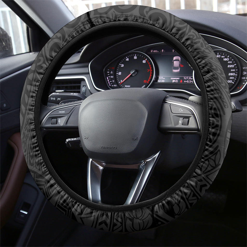 Hawaiian Turtle and Shark Steering Wheel Cover Kakau Tribal with Polynesian Pattern Black Color LT03 - Polynesian Pride