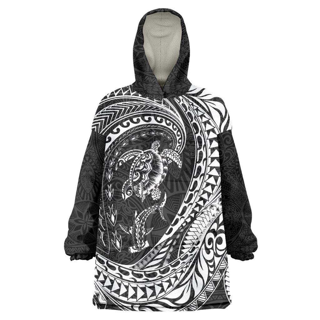 Hawaiian Turtle and Shark Wearable Blanket Hoodie Kakau Tribal with Polynesian Pattern Black Color LT03 One Size Black - Polynesian Pride