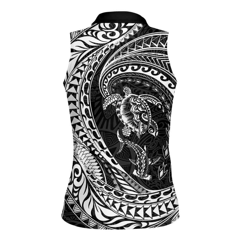 Hawaiian Turtle and Shark Women Sleeveless Polo Shirt Kakau Tribal with Polynesian Pattern Black Color LT03 - Polynesian Pride