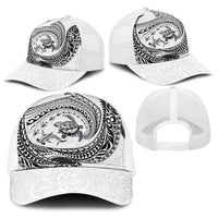Hawaiian Turtle and Shark Baseball Net Cap Kakau Tribal with Polynesian Pattern White Color LT03 - Polynesian Pride