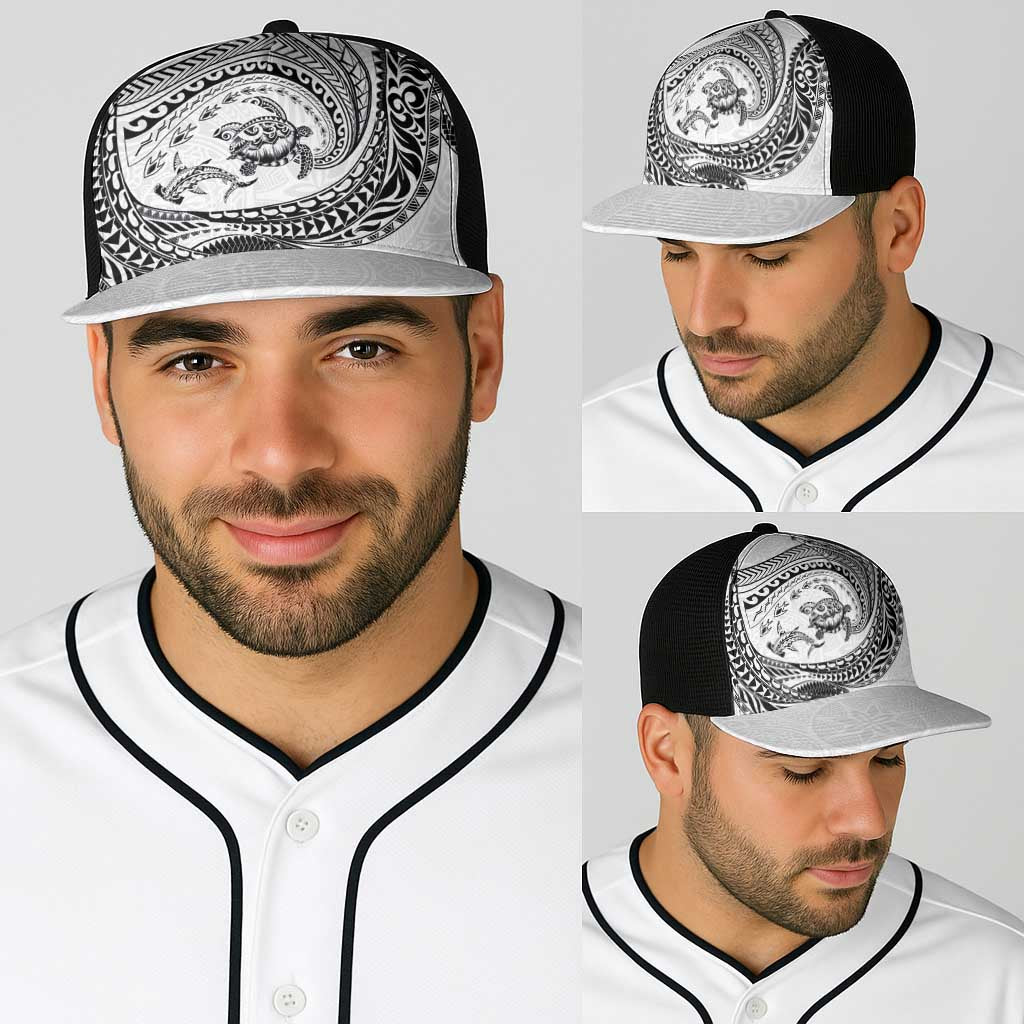 Hawaiian Turtle and Shark Baseball Net Cap Kakau Tribal with Polynesian Pattern White Color LT03 - Polynesian Pride