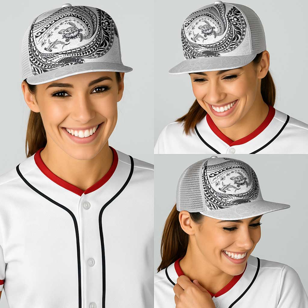 Hawaiian Turtle and Shark Baseball Net Cap Kakau Tribal with Polynesian Pattern White Color LT03 - Polynesian Pride