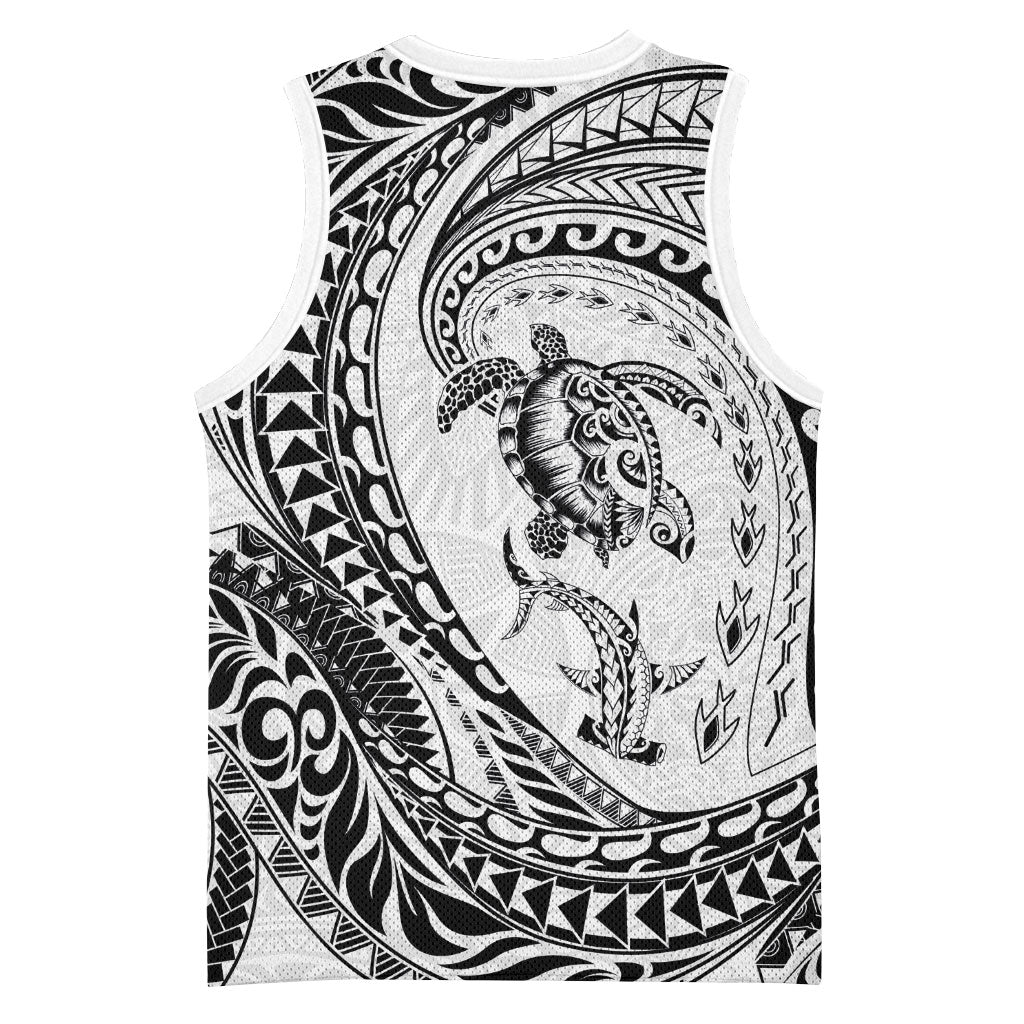 Hawaiian Turtle and Shark Basketball Jersey Kakau Tribal with Polynesian Pattern White Color LT03 - Polynesian Pride