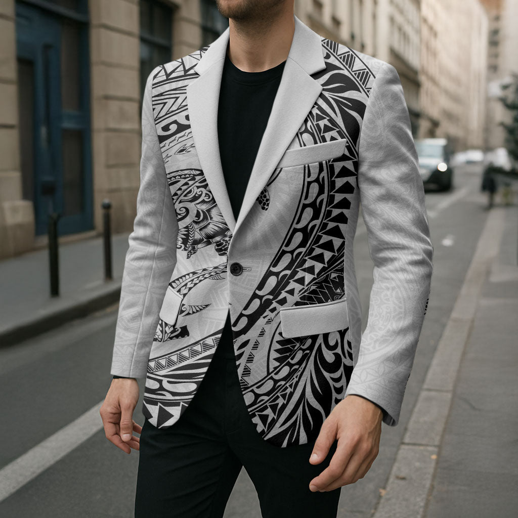 Hawaiian Turtle and Shark Blazer Kakau Tribal with Polynesian Pattern White Color LT03 - Polynesian Pride