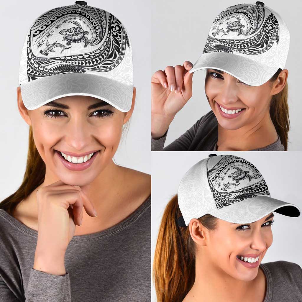 Hawaiian Turtle and Shark Classic Cap Kakau Tribal with Polynesian Pattern White Color LT03 - Polynesian Pride