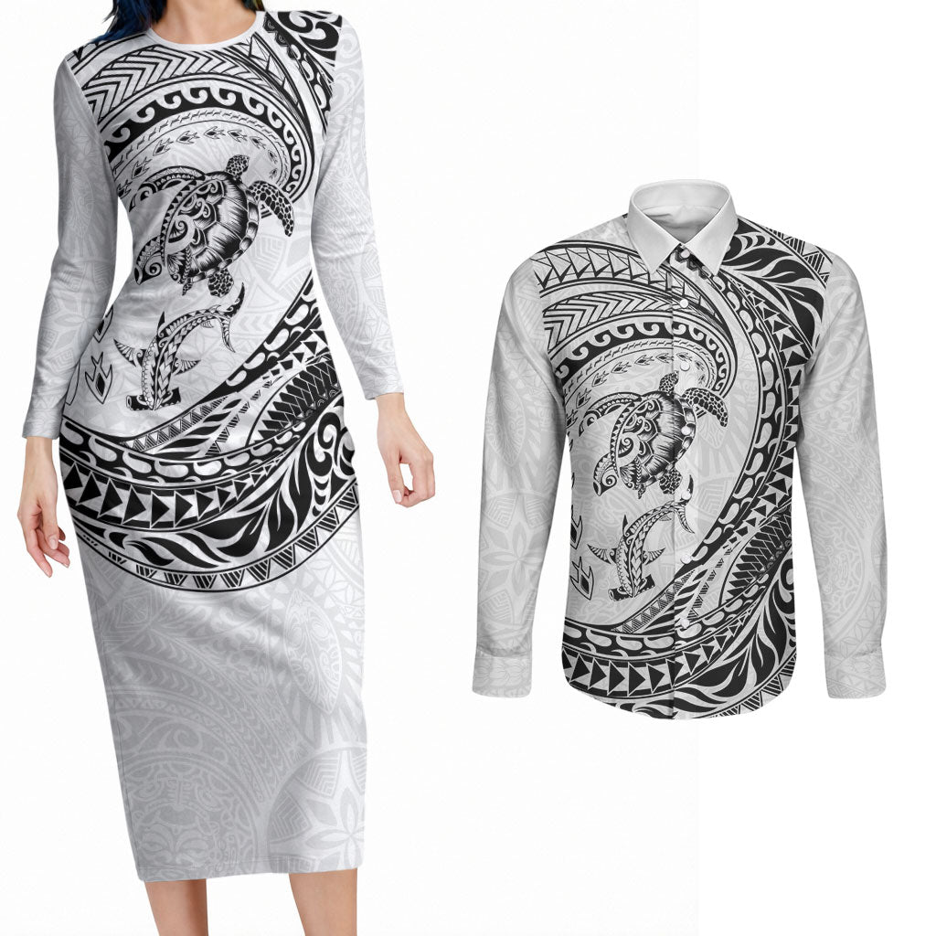 Hawaiian Turtle and Shark Couples Matching Long Sleeve Bodycon Dress and Long Sleeve Button Shirt Kakau Tribal with Polynesian Pattern White Color LT03 White - Polynesian Pride