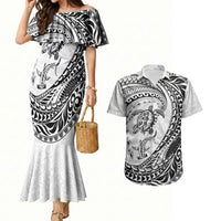 Hawaiian Turtle and Shark Couples Matching Mermaid Dress and Hawaiian Shirt Kakau Tribal with Polynesian Pattern White Color LT03 White - Polynesian Pride