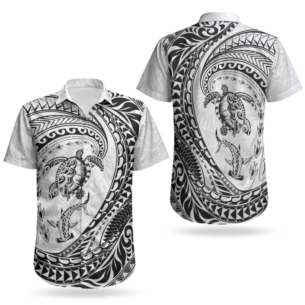 Hawaiian Turtle and Shark Couples Matching Mermaid Dress and Hawaiian Shirt Kakau Tribal with Polynesian Pattern White Color LT03 - Polynesian Pride