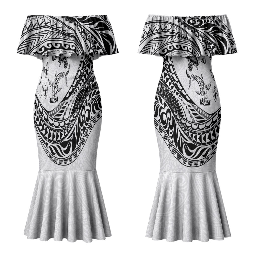 Hawaiian Turtle and Shark Couples Matching Mermaid Dress and Long Sleeve Button Shirt Kakau Tribal with Polynesian Pattern White Color LT03 - Polynesian Pride