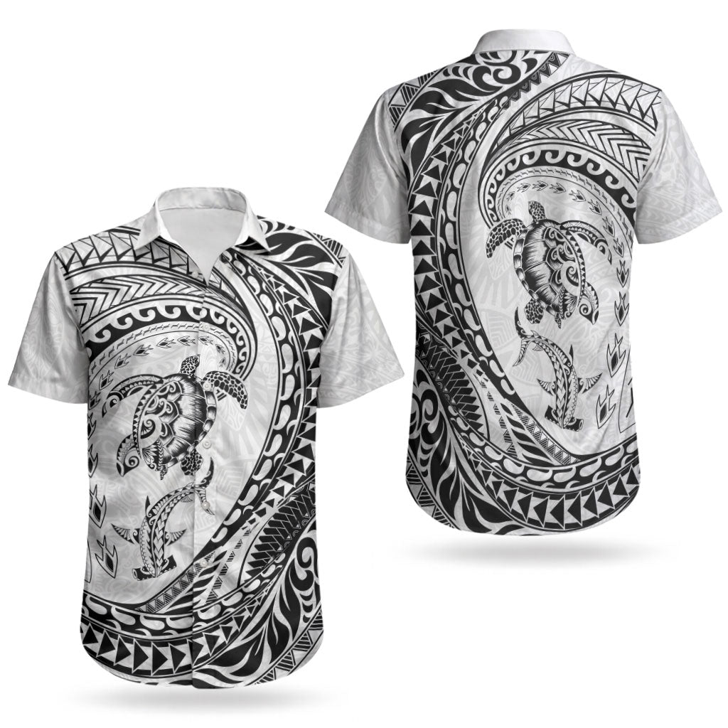 Hawaiian Turtle and Shark Couples Matching Off Shoulder Maxi Dress and Hawaiian Shirt Kakau Tribal with Polynesian Pattern White Color LT03 - Polynesian Pride