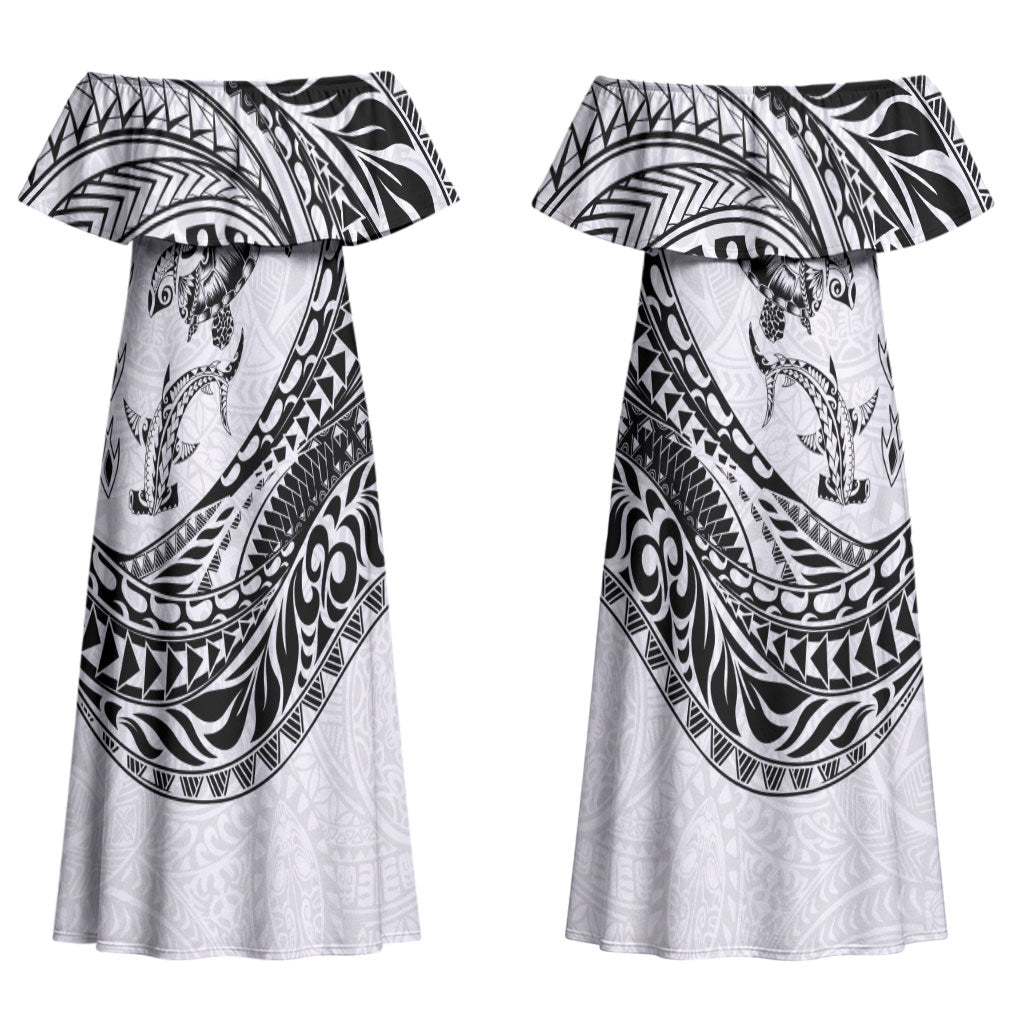 Hawaiian Turtle and Shark Couples Matching Off Shoulder Maxi Dress and Hawaiian Shirt Kakau Tribal with Polynesian Pattern White Color LT03 - Polynesian Pride