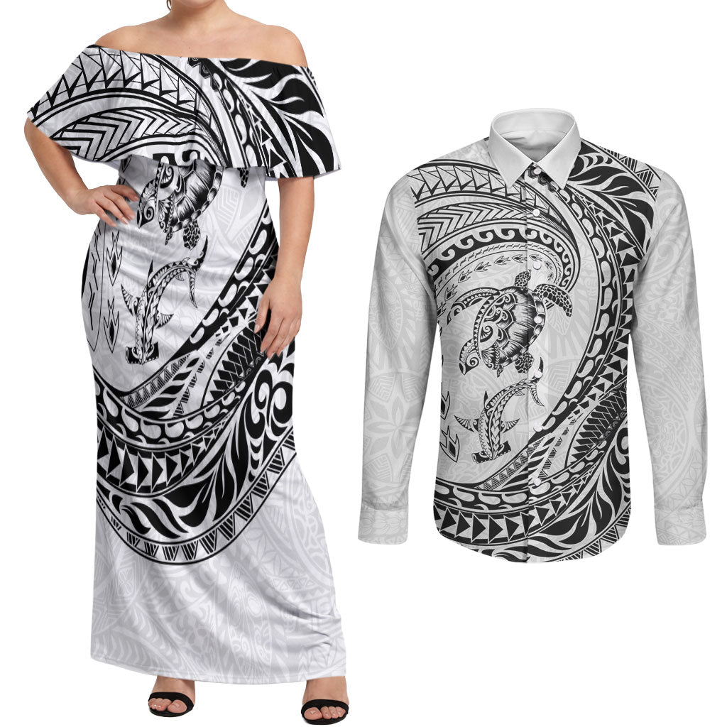 Hawaiian Turtle and Shark Couples Matching Off Shoulder Maxi Dress and Long Sleeve Button Shirt Kakau Tribal with Polynesian Pattern White Color LT03 White - Polynesian Pride