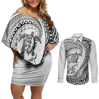 Hawaiian Turtle and Shark Couples Matching Off Shoulder Short Dress and Long Sleeve Button Shirt Kakau Tribal with Polynesian Pattern White Color LT03 White - Polynesian Pride