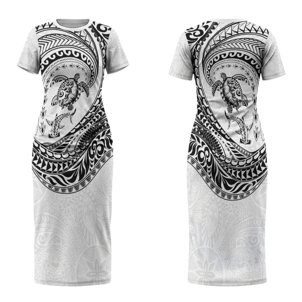Hawaiian Turtle and Shark Couples Matching Short Sleeve Bodycon Dress and Long Sleeve Button Shirt Kakau Tribal with Polynesian Pattern White Color LT03 - Polynesian Pride