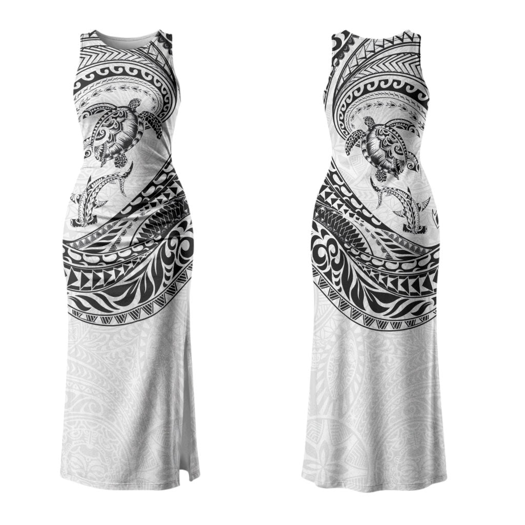 Hawaiian Turtle and Shark Couples Matching Tank Maxi Dress and Hawaiian Shirt Kakau Tribal with Polynesian Pattern White Color LT03 - Polynesian Pride