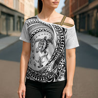 Hawaiian Turtle and Shark Cross Shoulder Shirt Kakau Tribal with Polynesian Pattern White Color LT03 - Polynesian Pride