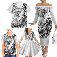 Hawaiian Turtle and Shark Family Matching Off The Shoulder Long Sleeve Dress and Hawaiian Shirt Kakau Tribal with Polynesian Pattern White Color LT03 - Polynesian Pride