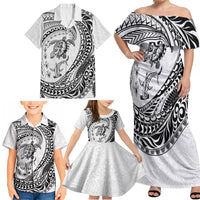 Hawaiian Turtle and Shark Family Matching Off Shoulder Maxi Dress and Hawaiian Shirt Kakau Tribal with Polynesian Pattern White Color LT03 - Polynesian Pride