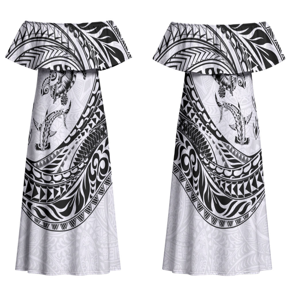 Hawaiian Turtle and Shark Family Matching Off Shoulder Maxi Dress and Hawaiian Shirt Kakau Tribal with Polynesian Pattern White Color LT03 Mom's Dress White - Polynesian Pride